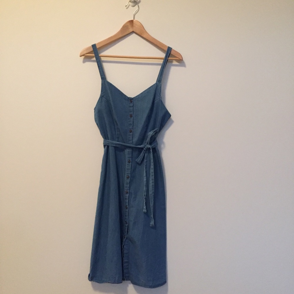 Chambray Apron Button Front Midi Dress Tie Belt